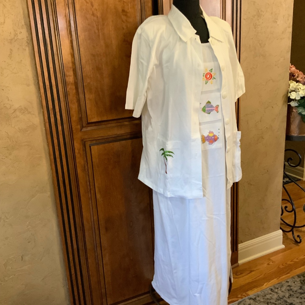 Vintage Fine Line Jacket and Maxi Dress Embroidery Palm Tree Fish Beach